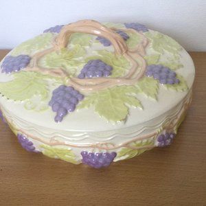 Vintage ARNEL's pottery cookie jar with handled lid grapes signed Jeanie beautif